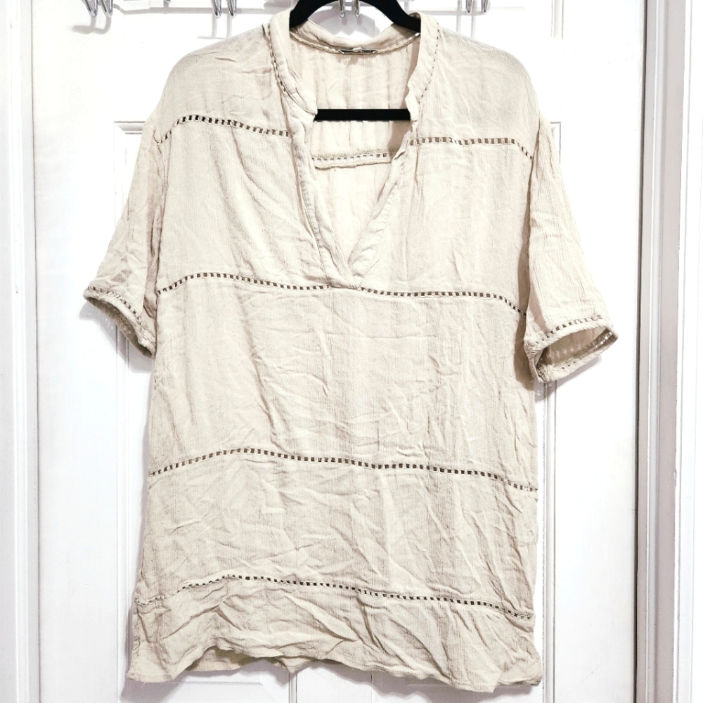 Aritzia Tan Mandarin Collar V-neck Short Sleeve Boxy Loose Tunic Blouse Top